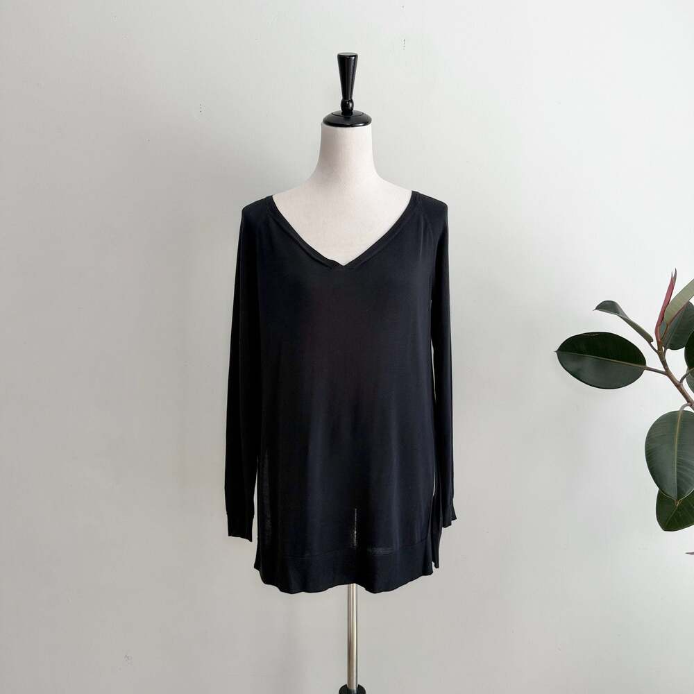 Lafayette 148 New York Black V-Neck Long Sleeve Cotton Rayon Pullover Sweater S